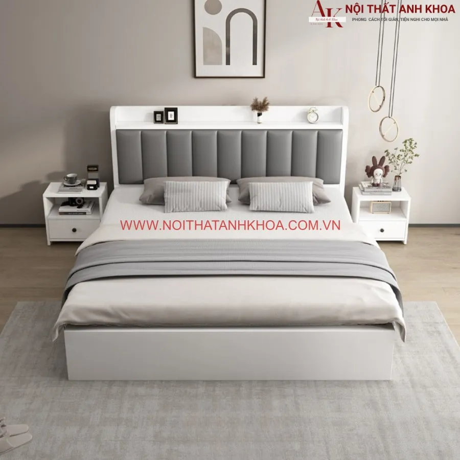 Giường Ngủ Màu Trắng Gỗ Công Nghiệp Đầu Bọc Nệm Đẹp Hiện Đại