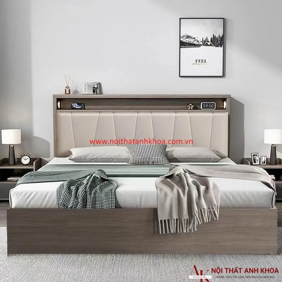 Giường Ngủ MDF Màu Nâu Đầu Kệ Nệm Đẹp Giá Rẻ