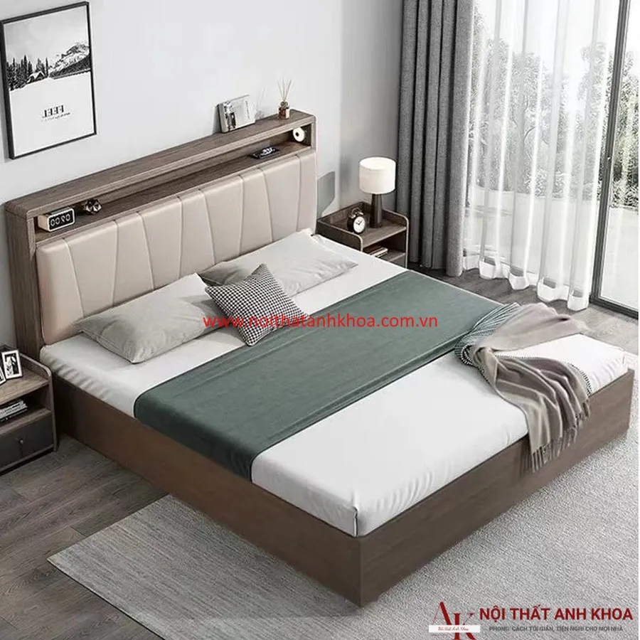 Giường Ngủ MDF Màu Nâu Đầu Kệ Nệm Đẹp Giá Rẻ