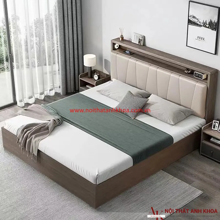 Giường Ngủ MDF Màu Nâu Đầu Kệ Nệm Đẹp Giá Rẻ