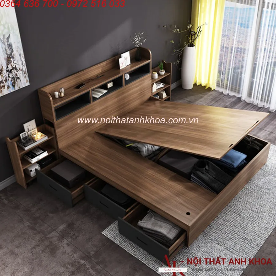 Giường Ngủ Thông Minh Gỗ MDF Màu Nâu Vân Gỗ