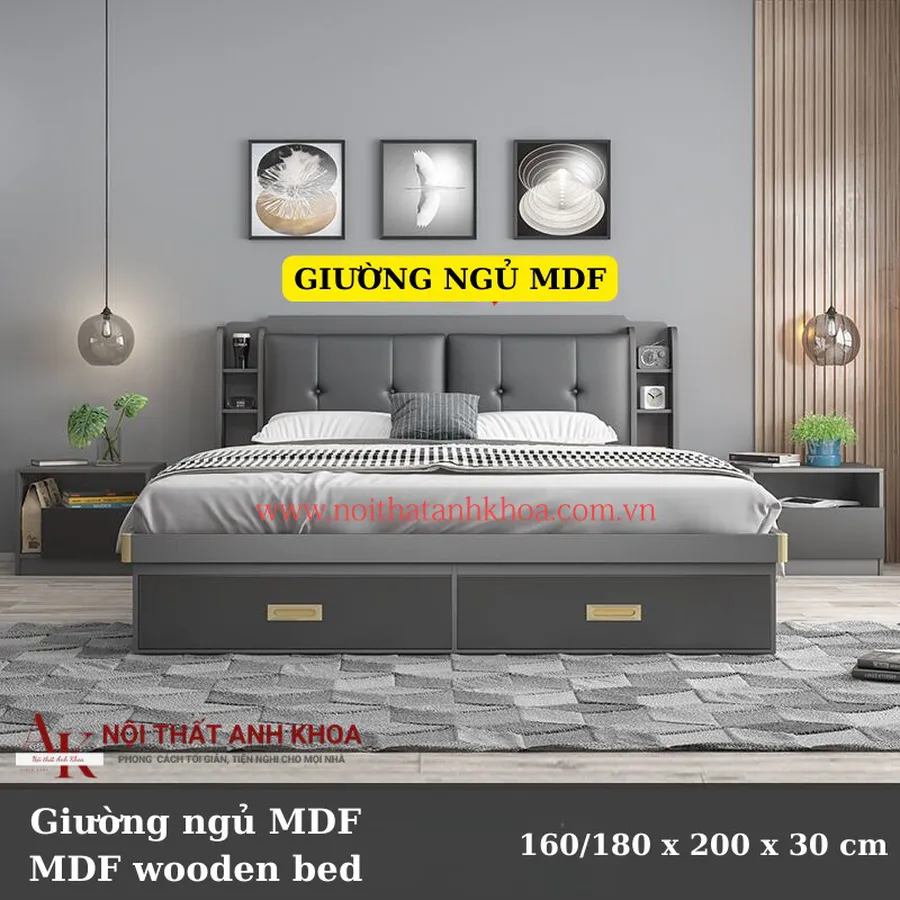 Giường Ngủ Thông Minh Gỗ MDF Màu Xám Nâng Hạ Nệm