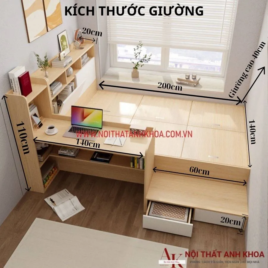 Giường Ngủ Thông Minh Kết Hợp Bàn Làm Việc Gỗ Công Nghiệp