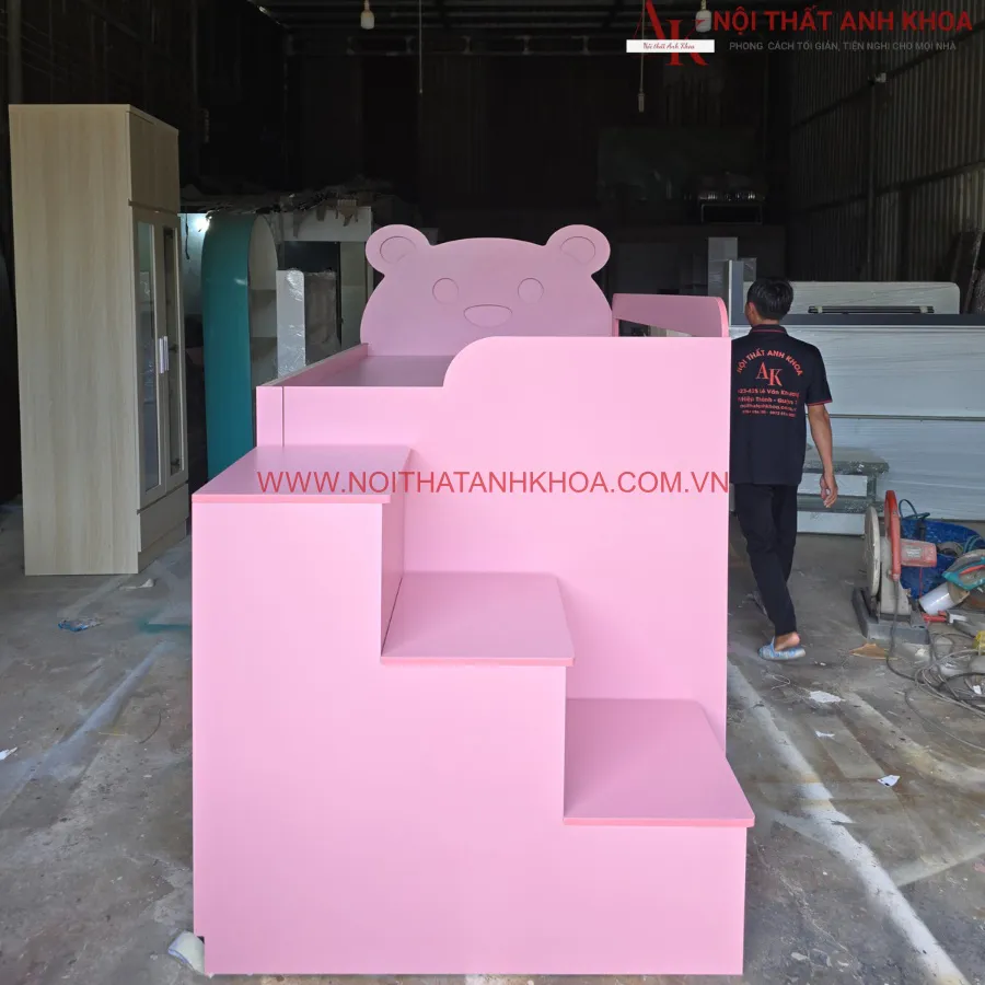 Giường Tầng Cho Bé Kết Hợp Tủ Quần Áo Màu Hồng Phối Trắng