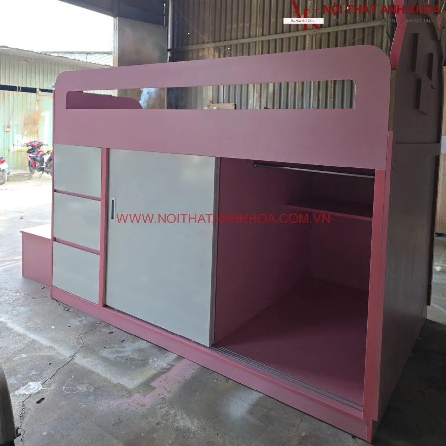 Giường Tầng Cho Bé Kết Hợp Tủ Quần Áo Màu Hồng Phối Trắng
