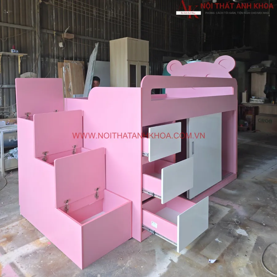 Giường Tầng Cho Bé Kết Hợp Tủ Quần Áo Màu Hồng Phối Trắng