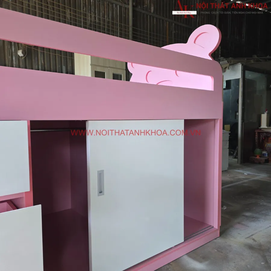 Giường Tầng Cho Bé Kết Hợp Tủ Quần Áo Màu Hồng Phối Trắng