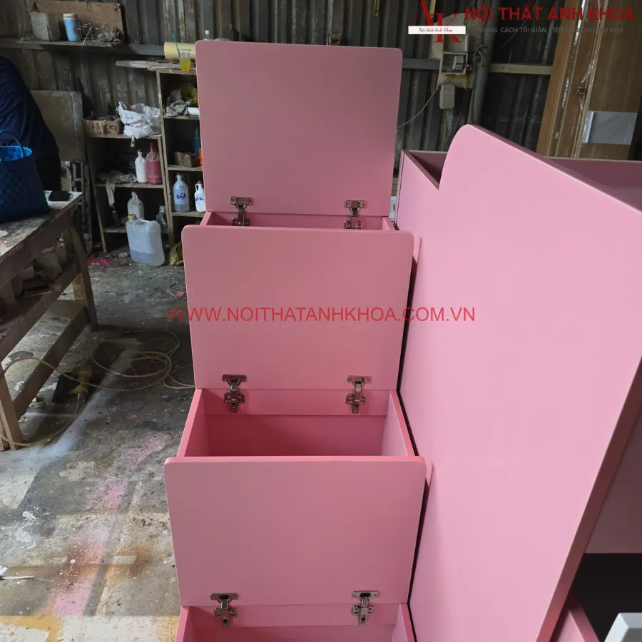 Giường Tầng Cho Bé Kết Hợp Tủ Quần Áo Màu Hồng Phối Trắng