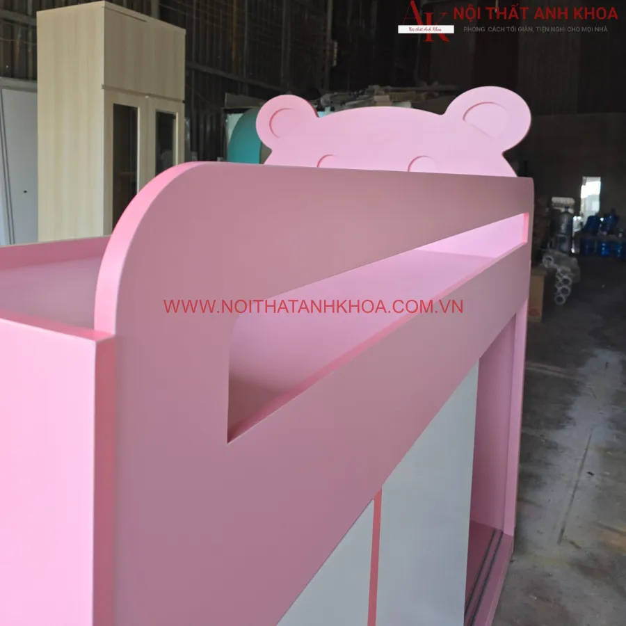 Giường Tầng Cho Bé Kết Hợp Tủ Quần Áo Màu Hồng Phối Trắng
