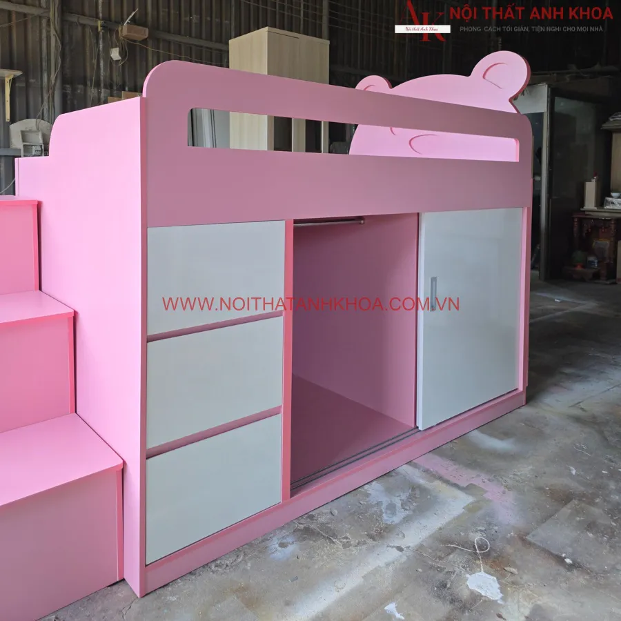 Giường Tầng Cho Bé Kết Hợp Tủ Quần Áo Màu Hồng Phối Trắng