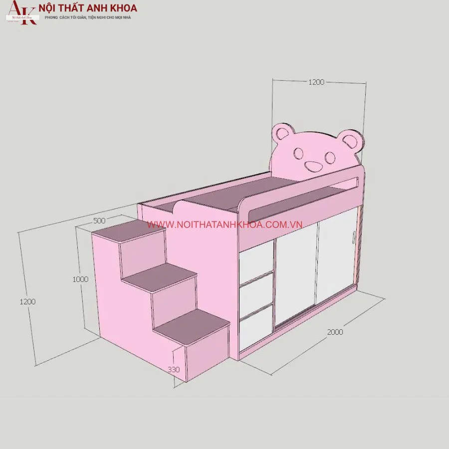 Giường Tầng Cho Bé Kết Hợp Tủ Quần Áo Màu Hồng Phối Trắng