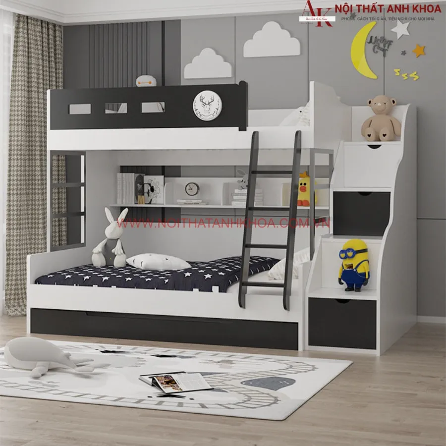 Giường Tầng Cho Bé Trai Gỗ Công Nghiệp Phối Màu Đen