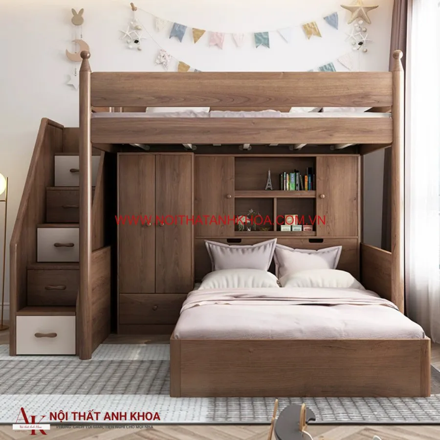 Giường Tầng Gỗ Công Nghiệp Có Cầu Thang Đẹp Hiện Đại