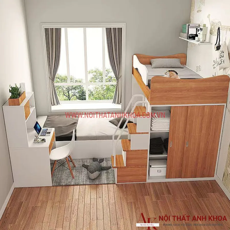 Giường Tầng Gỗ Công Nghiệp Thông Minh Thiết Kế Tối Giản