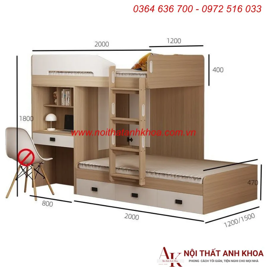 Giường Tầng Kết Hợp Bàn Học Gỗ Công Nghiệp Cho Trẻ Hiện Đại