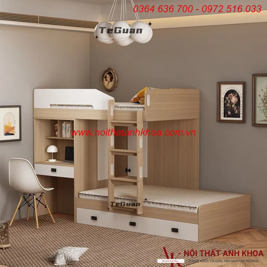 Giường Tầng Kết Hợp Bàn Học Gỗ Công Nghiệp Cho Trẻ Hiện Đại