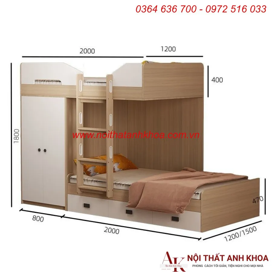 Giường Tầng Kết Hợp Tủ Quần Áo Gỗ Công Nghiệp Cho Bé
