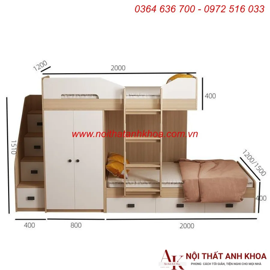 Giường Tầng Kết Hợp Tủ Quần Áo Gỗ Công Nghiệp Cho Bé