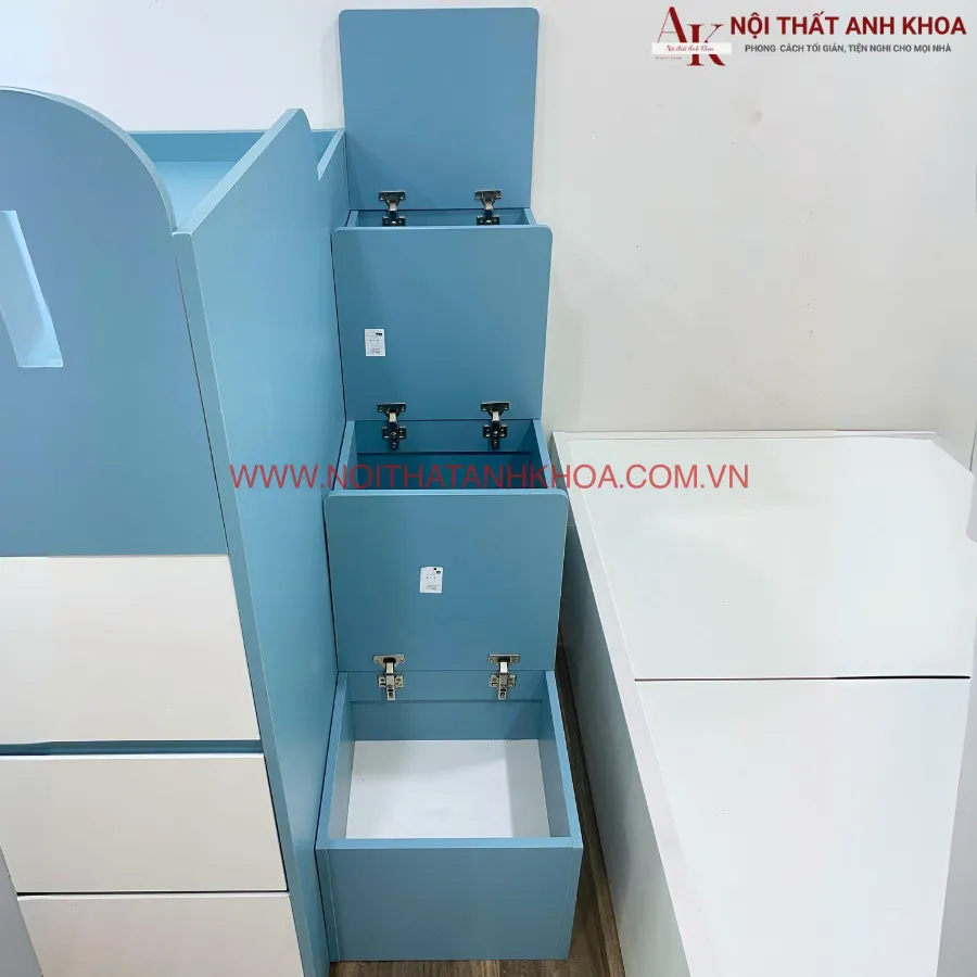 Giường Tầng Cho Bé Kết Hợp Tủ Quần Áo Màu Hồng Phối Trắng