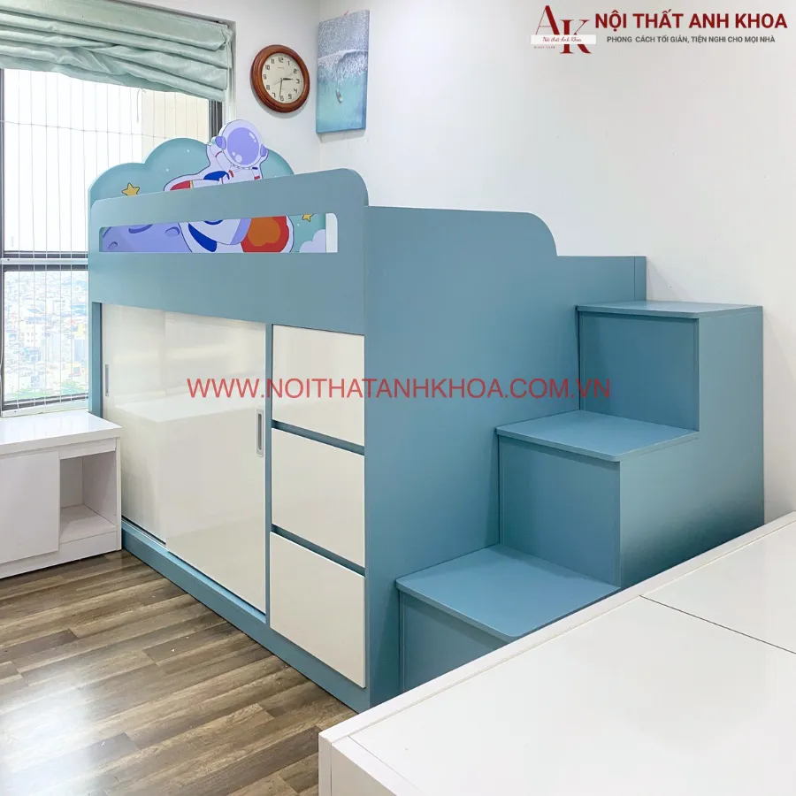 Giường Tầng Cho Bé Kết Hợp Tủ Quần Áo Màu Hồng Phối Trắng