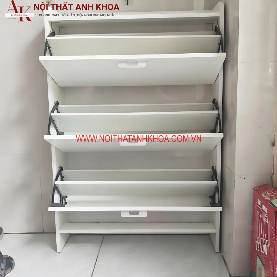 Tủ Giày Gỗ MDF Màu Trắng Thiết Kế Thông Minh Chứa Nhiều Giày Dép
