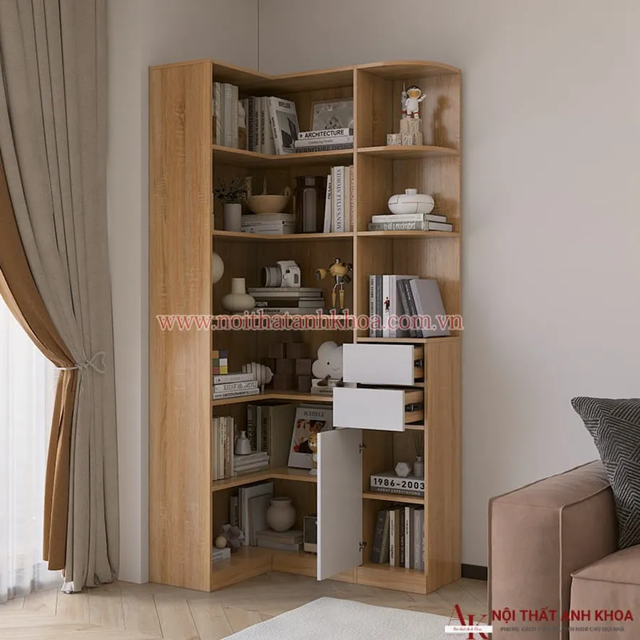 Kệ Sách Góc Tường Gỗ Công Nghiệp Bền Đẹp Hiện Đại
