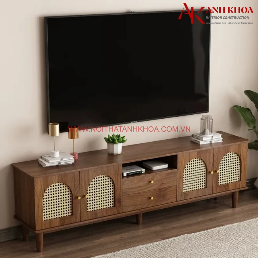 Kệ Tivi Màu Gỗ Phối Cánh Đan Mây