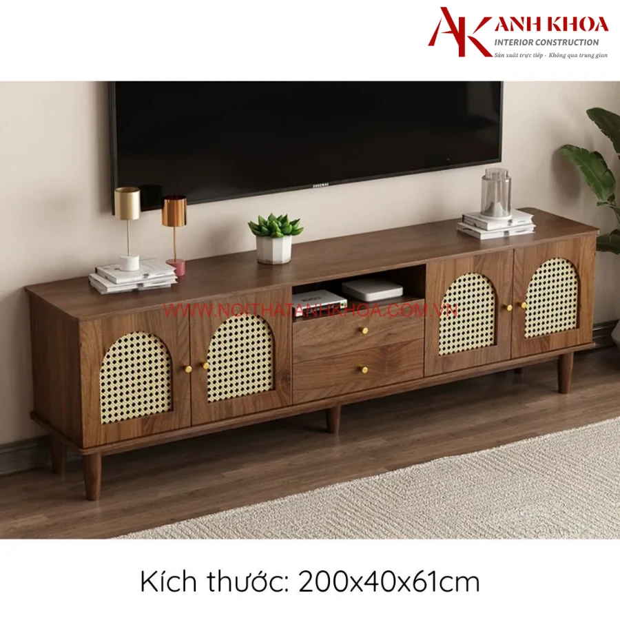 Kệ Tivi Màu Gỗ Phối Cánh Đan Mây