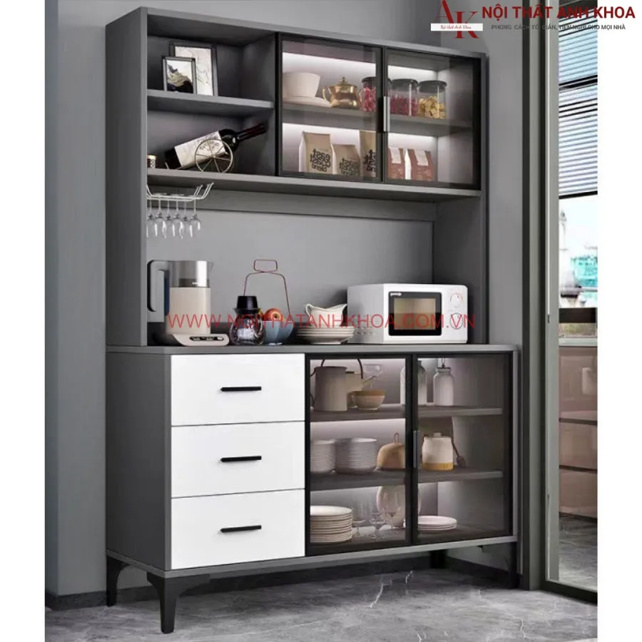 Kệ Tủ Bếp Đựng Chén Bát Gỗ MDF Kết Hợp Cánh Kính