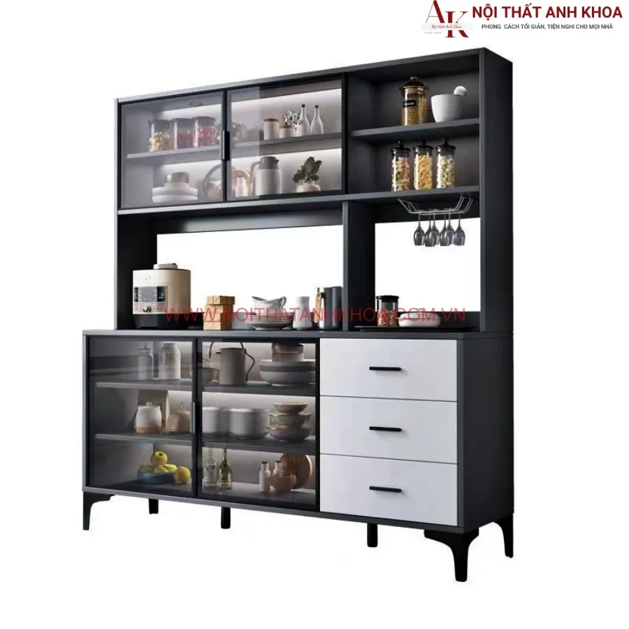 Kệ Tủ Bếp Đựng Chén Bát Gỗ MDF Kết Hợp Cánh Kính