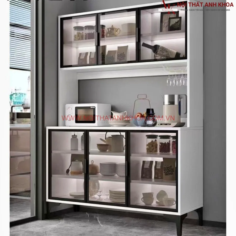 Kệ Tủ Bếp Đựng Chén Bát Gỗ MDF Kết Hợp Cánh Kính