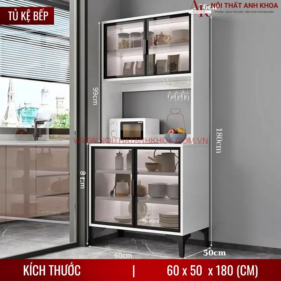 Kệ Tủ Bếp Đựng Chén Bát Gỗ MDF Kết Hợp Cánh Kính