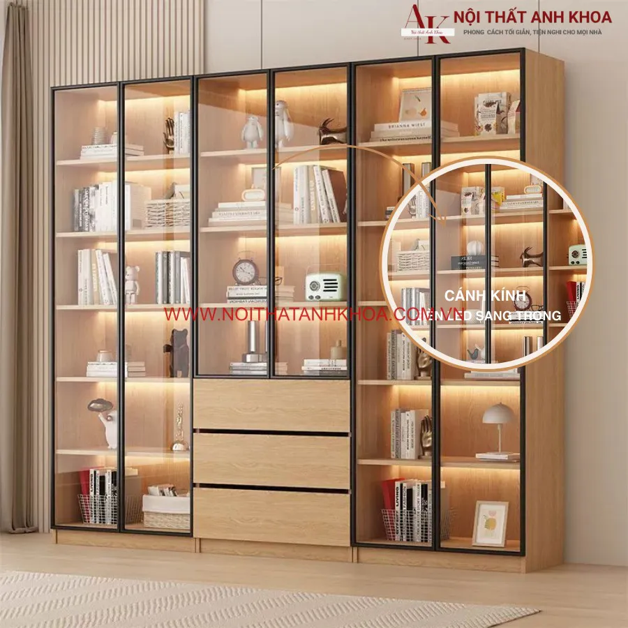 Kệ Tủ Trang Trí Gỗ Công Nghiệp Cánh Kính Kết Hợp Led Đẹp Hiện Đại