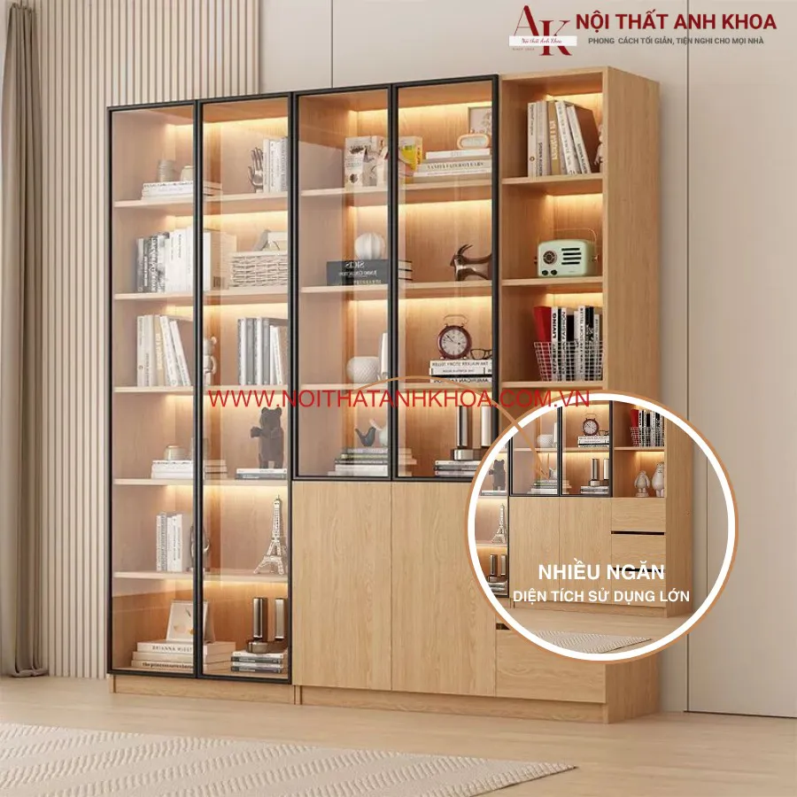 Kệ Tủ Trang Trí Gỗ Công Nghiệp Cánh Kính Kết Hợp Led Đẹp Hiện Đại