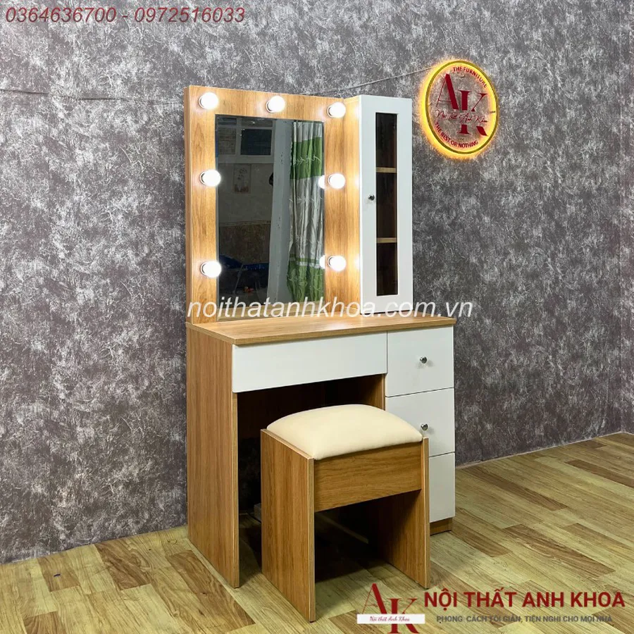 Mẫu Bàn Trang Điểm Gỗ Công Nghiệp Màu Vàng Đẹp Có Đèn LED