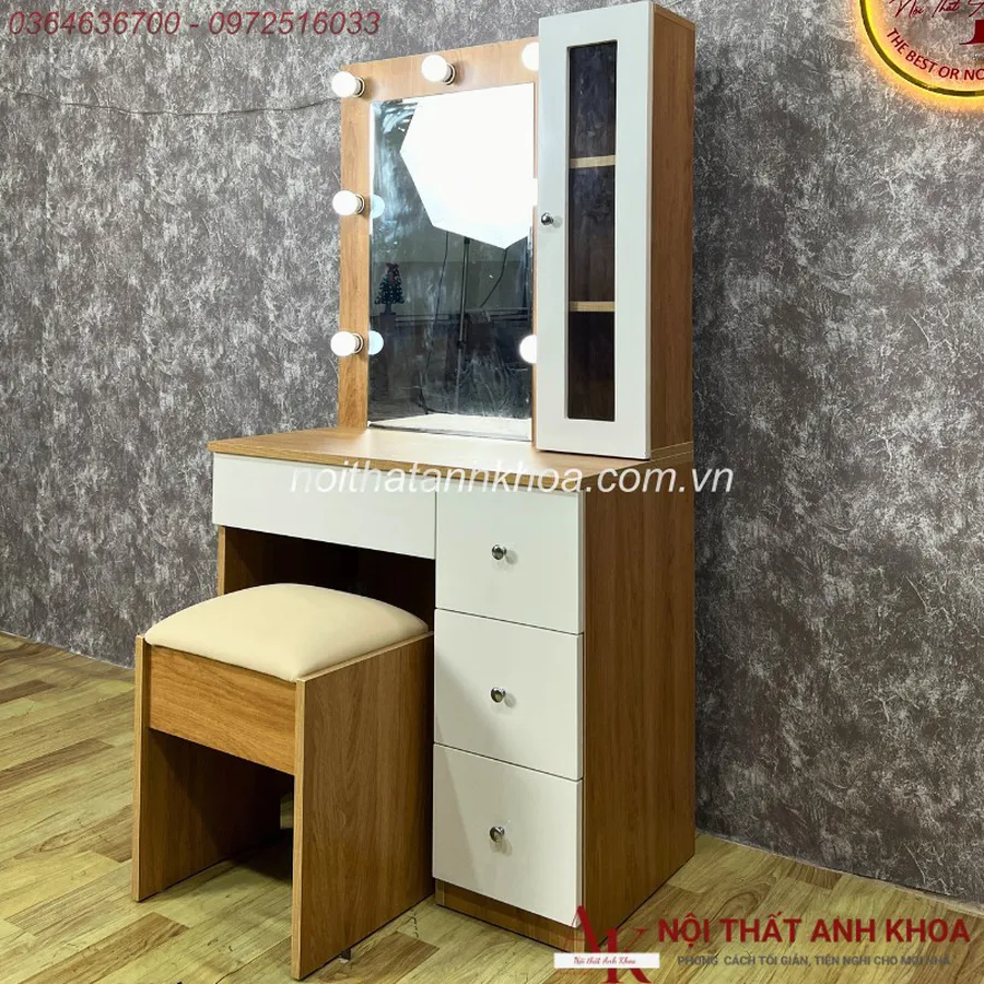 Mẫu Bàn Trang Điểm Gỗ Công Nghiệp Màu Vàng Đẹp Có Đèn LED