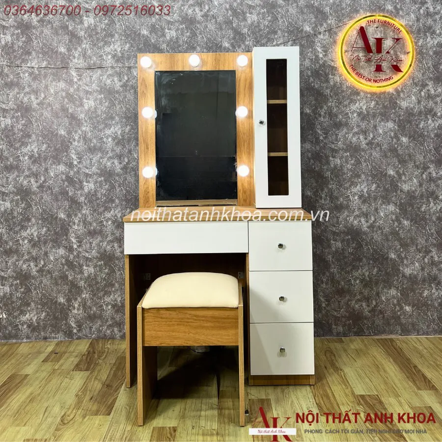 Mẫu Bàn Trang Điểm Gỗ Công Nghiệp Màu Vàng Đẹp Có Đèn LED