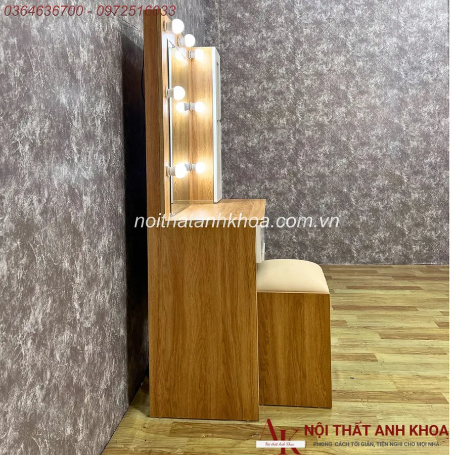 Mẫu Bàn Trang Điểm Gỗ Công Nghiệp Màu Vàng Đẹp Có Đèn LED