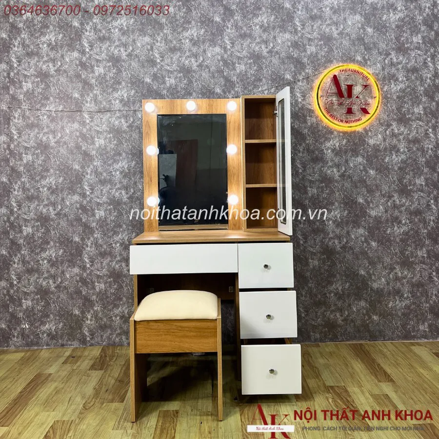 Mẫu Bàn Trang Điểm Gỗ Công Nghiệp Màu Vàng Đẹp Có Đèn LED