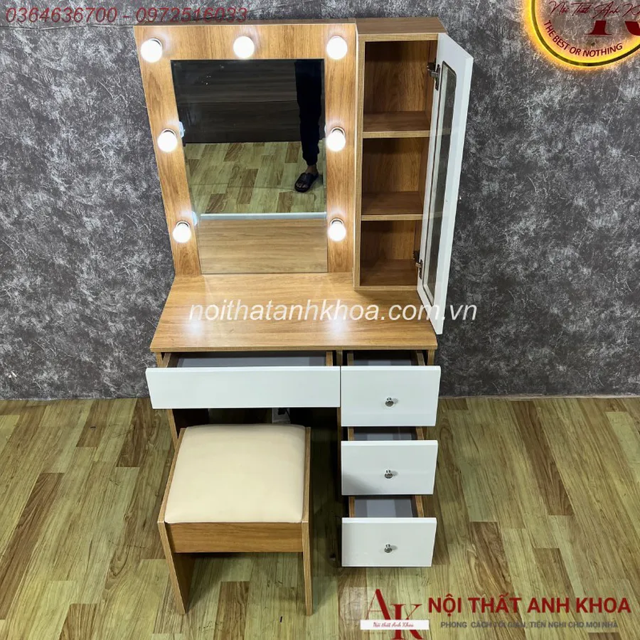 Mẫu Bàn Trang Điểm Gỗ Công Nghiệp Màu Vàng Đẹp Có Đèn LED