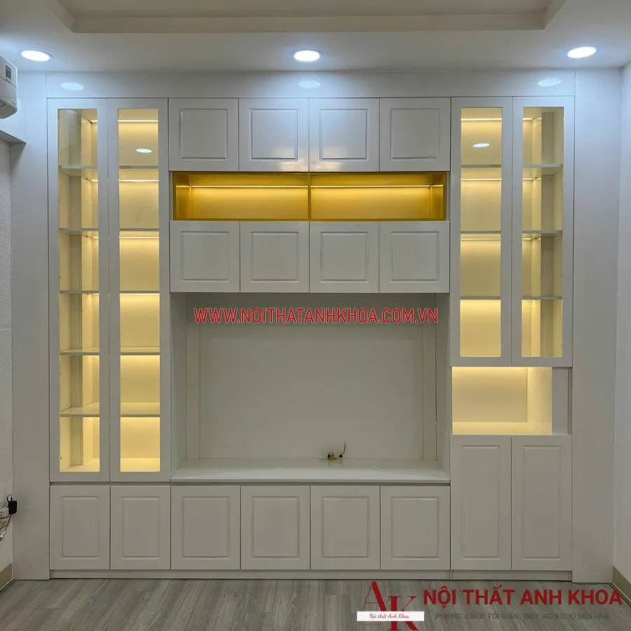 Mẫu Kệ Tivi Phòng Khách Gỗ Công Nghiệp Sơn Trắng 2K Đẹp Hiện Đại