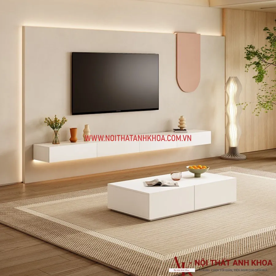 Mẫu Kệ Tivi Treo Tường Màu Trắng Gỗ Công Nghiệp Đẹp Hiện Đại