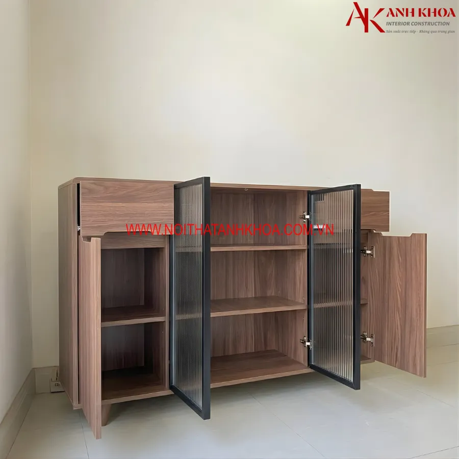 Tủ Bếp Đa Năng Màu Óc Chó Kết Hợp Cánh Kính