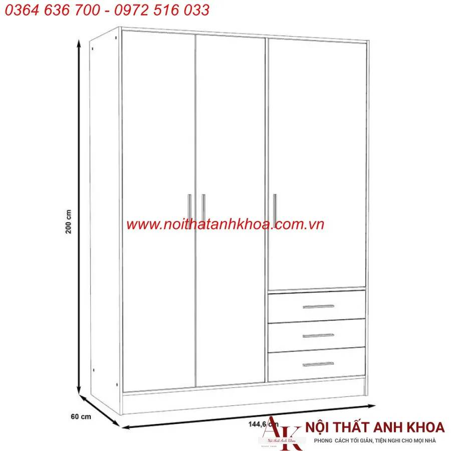 Mẫu Tủ Quần Áo 3 Cánh Gỗ Công Nghiệp Hiện Đại