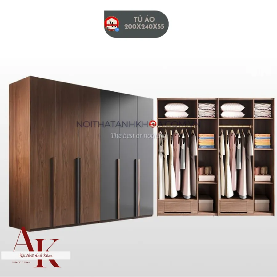 Tủ Quần Áo Gỗ Công Nghiệp Màu Nâu Phối Xám Hiện Đại Sang Trọng 