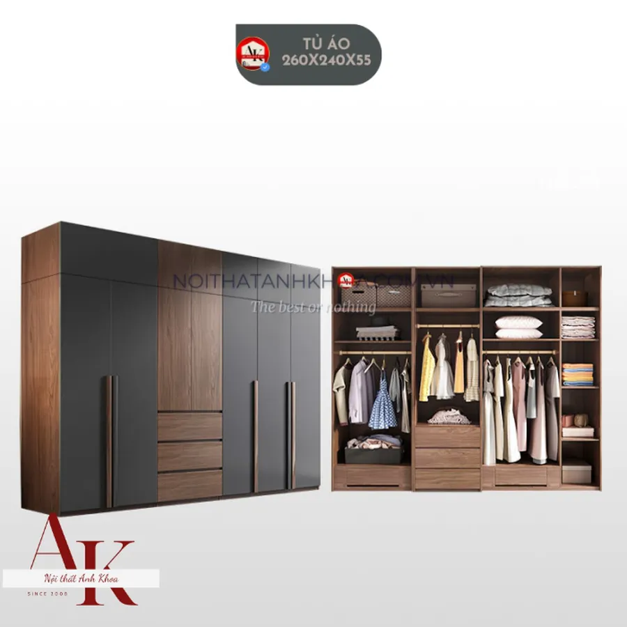 Tủ Quần Áo Gỗ Công Nghiệp Màu Nâu Phối Xám Hiện Đại Sang Trọng 