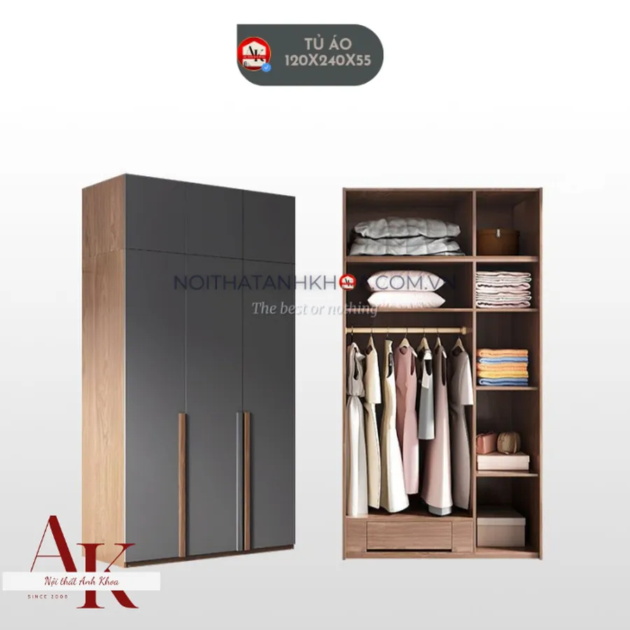 Tủ Quần Áo Gỗ Công Nghiệp Màu Nâu Phối Xám Hiện Đại Sang Trọng 