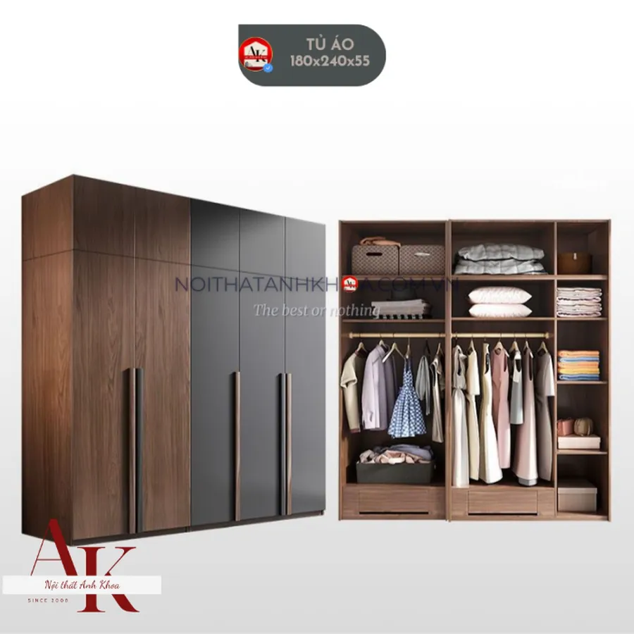 Tủ Quần Áo Gỗ Công Nghiệp Màu Nâu Phối Xám Hiện Đại Sang Trọng 