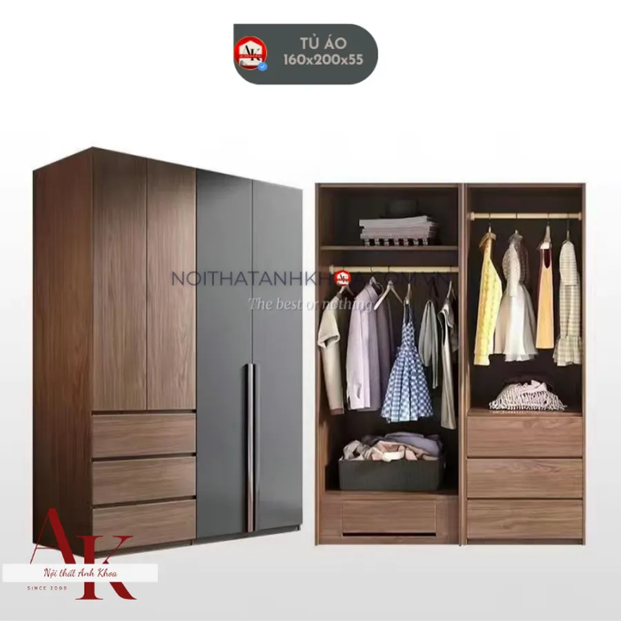 Tủ Quần Áo Gỗ Công Nghiệp Màu Nâu Phối Xám Hiện Đại Sang Trọng 