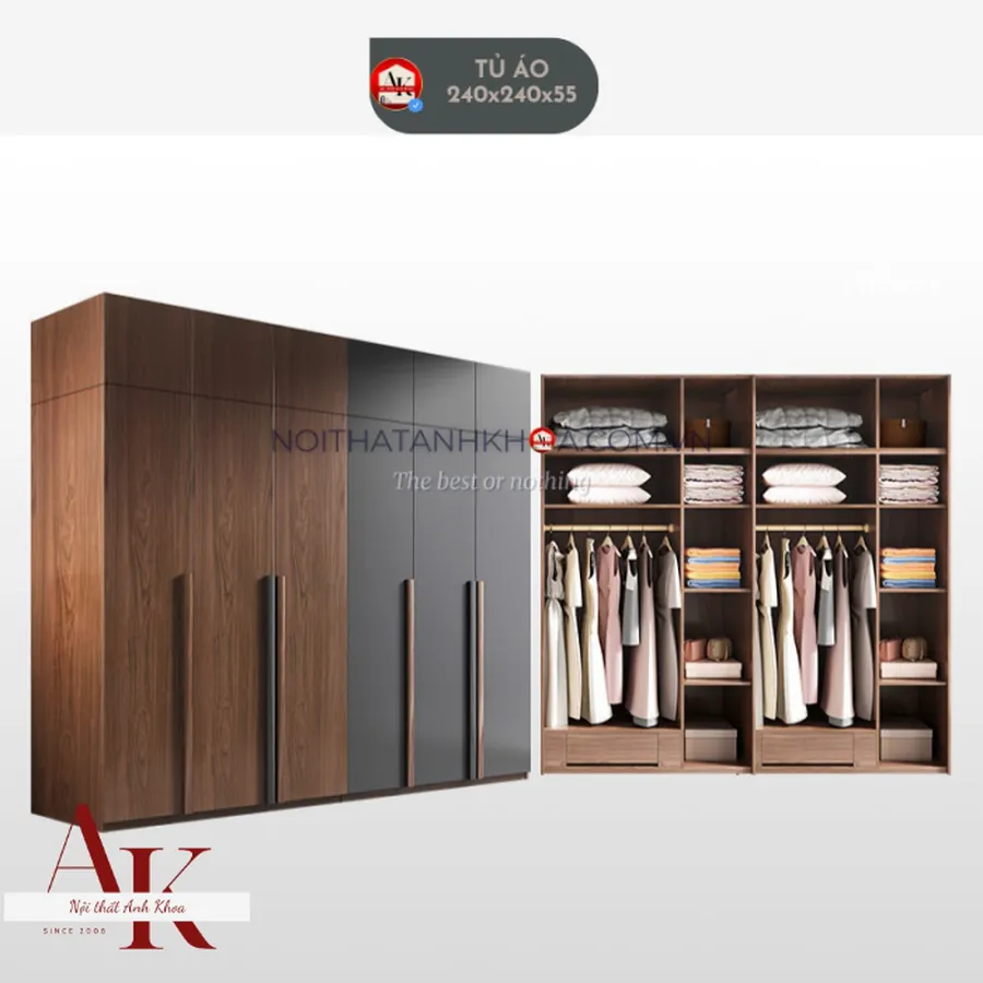 Tủ Quần Áo Gỗ Công Nghiệp Màu Nâu Phối Xám Hiện Đại Sang Trọng 
